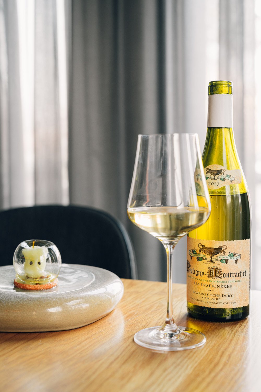 world-renowned lieu-dit lime green pear Puligny Montrachet Les Enseigneres Coche Dury