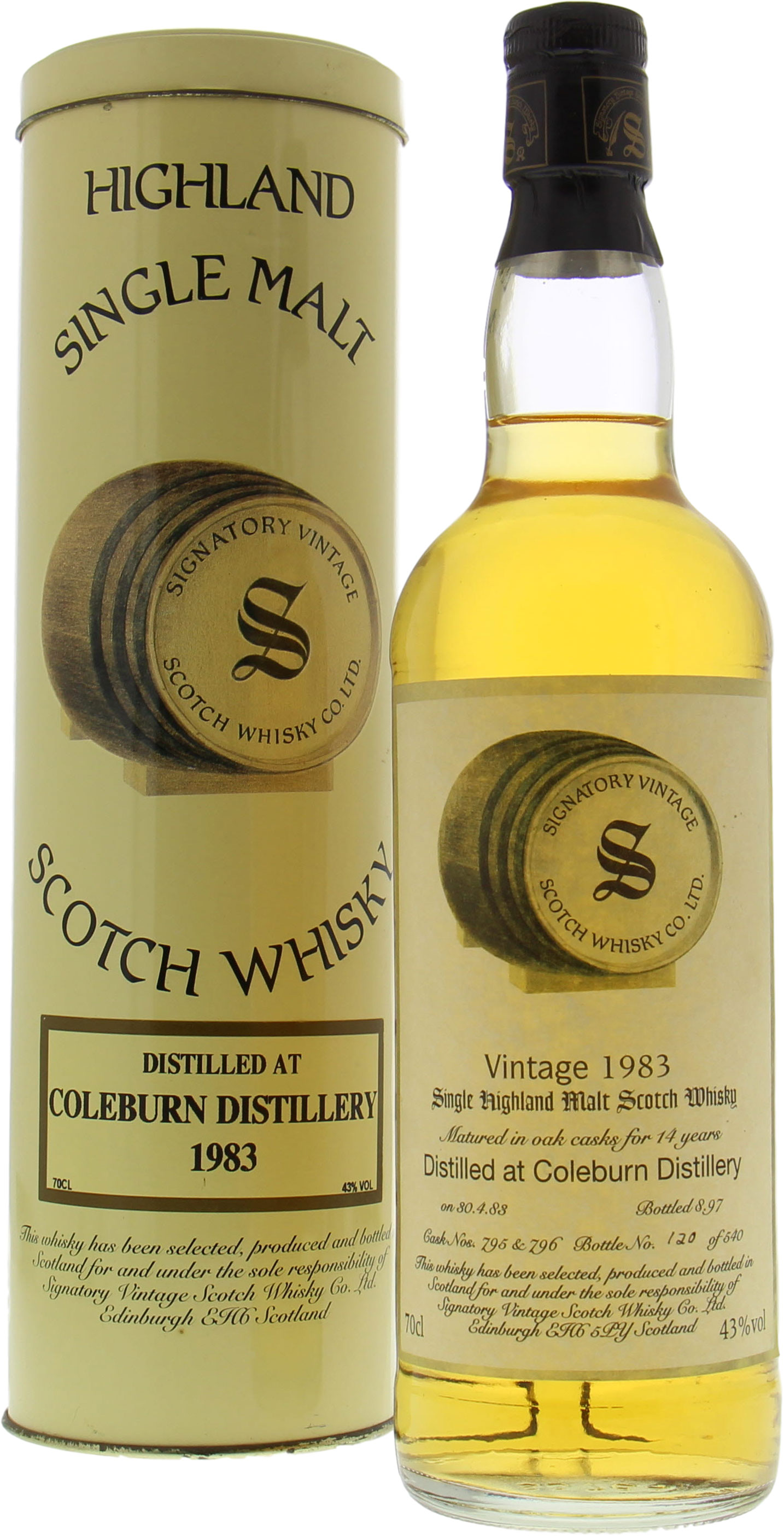 Coleburn - 14 years Old Signatory Vintage Cask 795+796 43% 1983 In Original Container