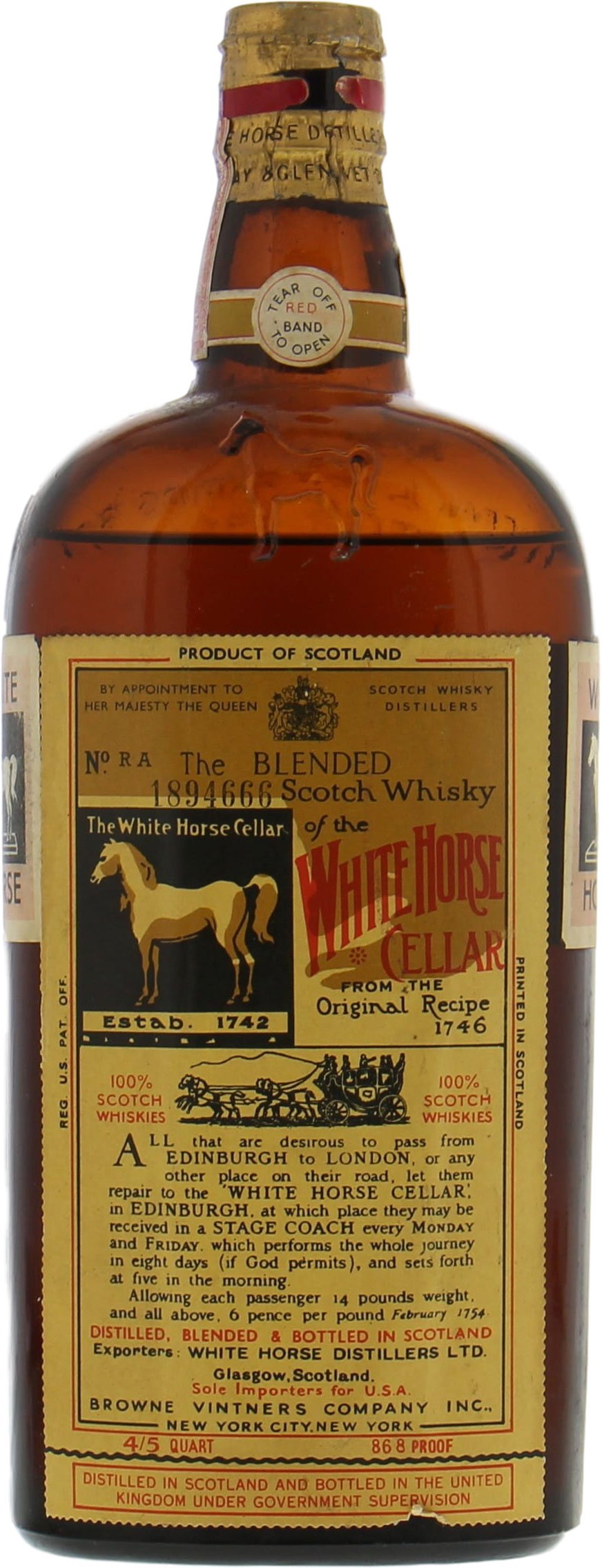 White Horse - 1950's 4/5 quart, 86.8 proof Spring Cap 43.4% NV Nederlands