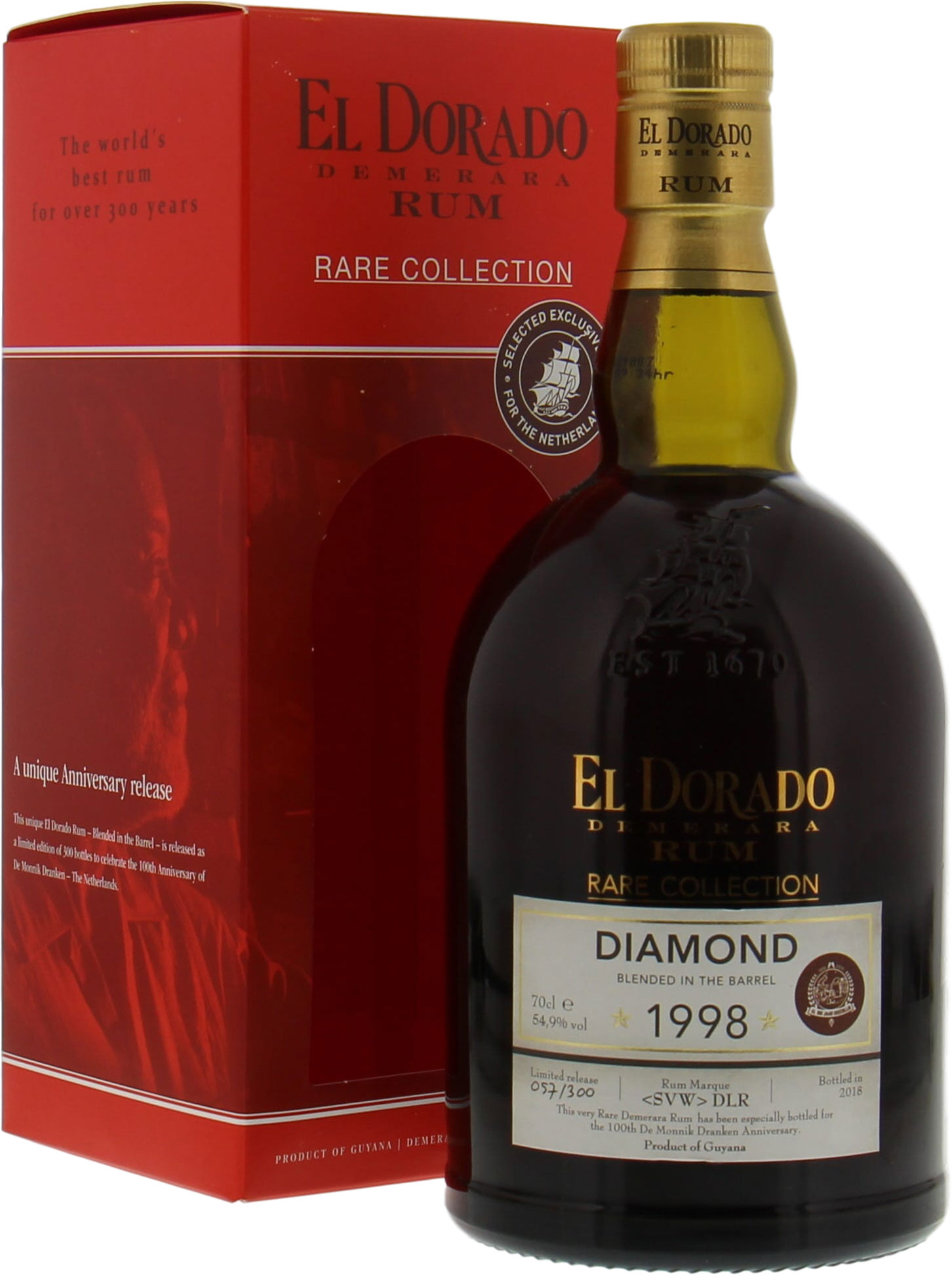 Diamond - El Dorado 20 Years Old FOR 100TH ANNIVERSARY DE MONNIK DRANKEN 54,9% 1998 In Original Container