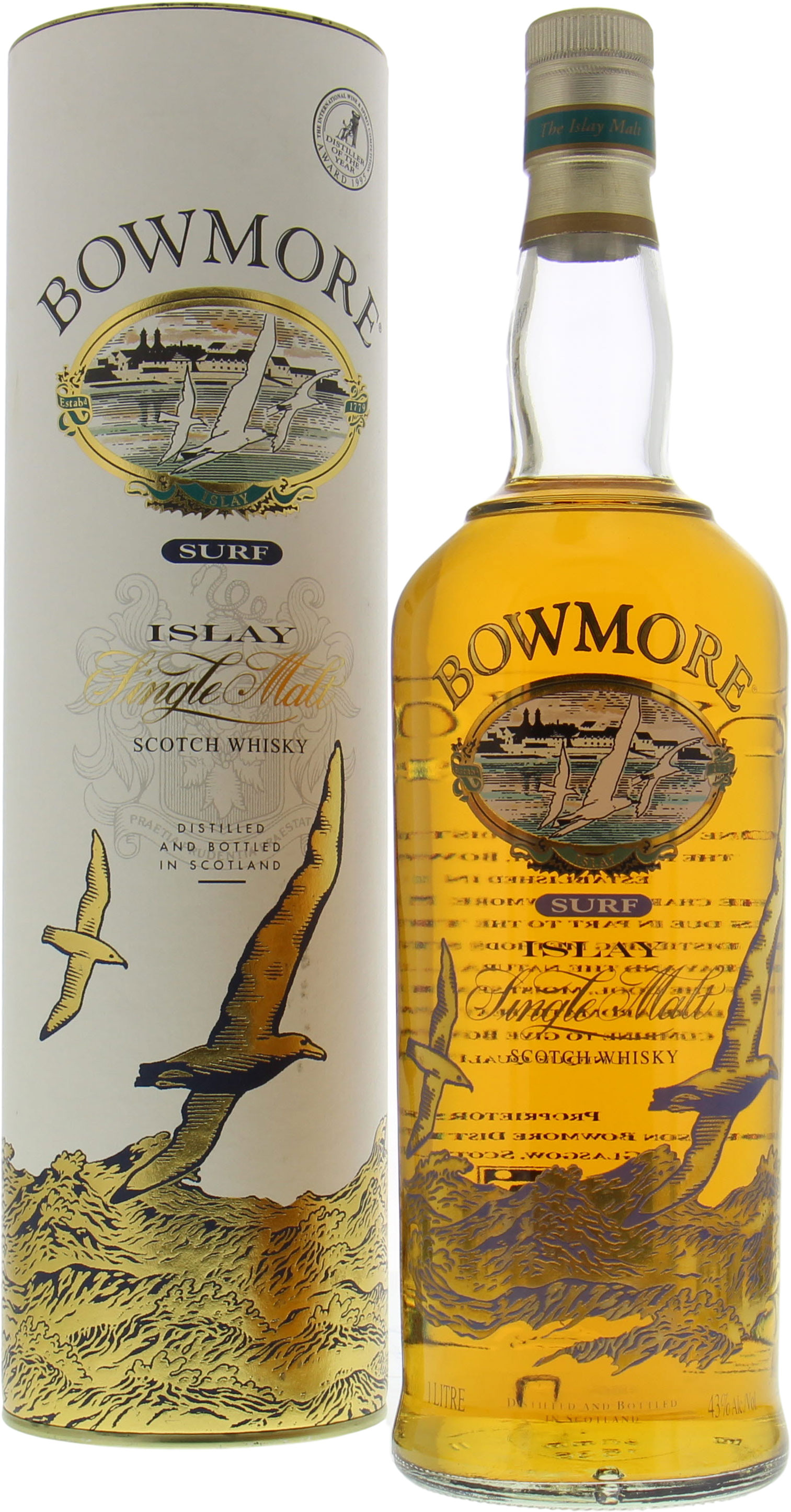 Bowmore - Surf Glass printed label with gulls and distillery 43% NV