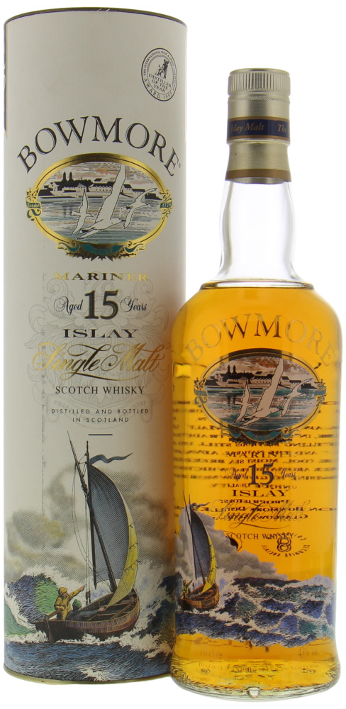 Bowmore - Mariner 15 Years Old Glass printed label with Seagulls and ship 43% NV In Original Container
