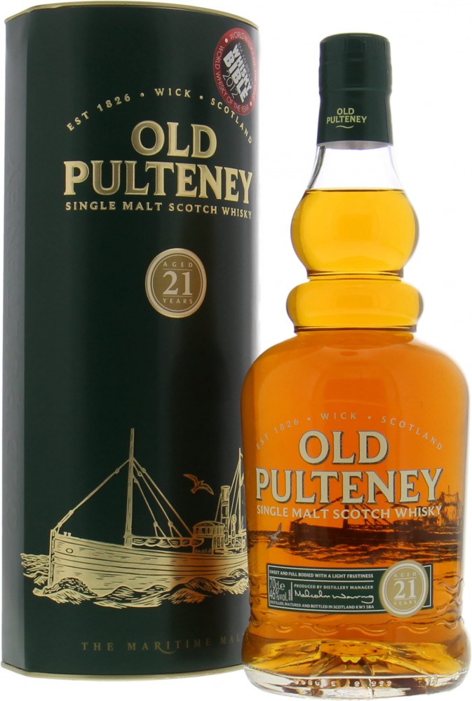 Old Pulteney - 21 Years Old glass print label with age statement in circle 46% NV In Original Box 10010