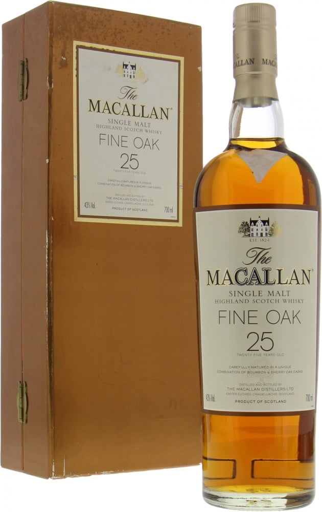 Macallan - 25 Years Old Fine Oak Bottled New Label 43% NV In Original Box,damaged label 10043