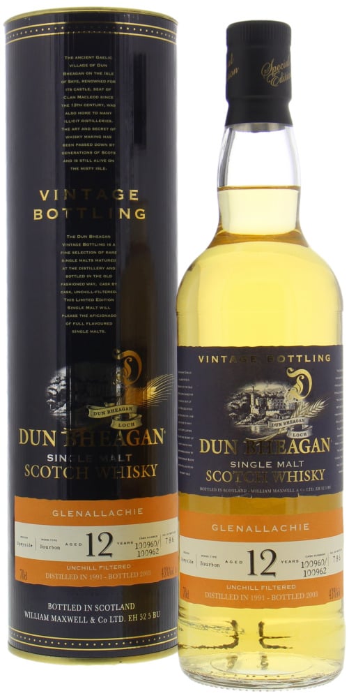 Glenallachie - 12 Years Old Dun Bheagan Cask 100960 / 100962 43% 1991 In Original Container