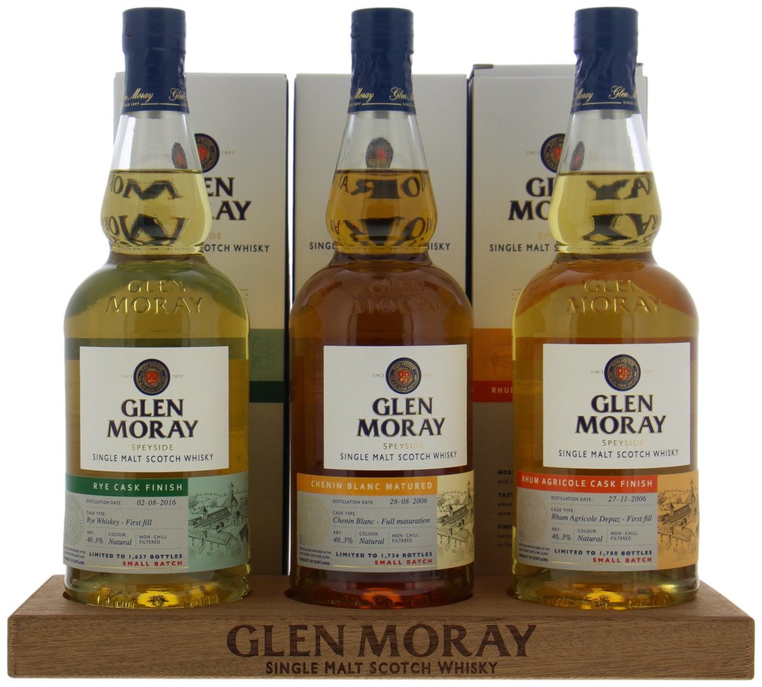 Glen Moray - Curiosity Tasting Set Rye, Chenin Blanc and Rhum Agricole cask Finish 46.3% 2006-2016 In Original Box