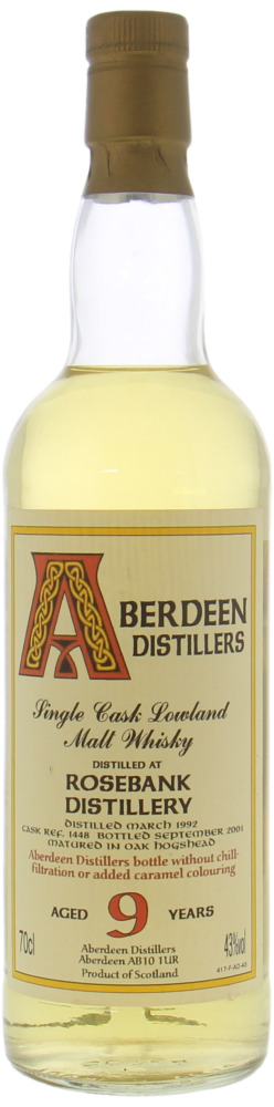 Rosebank - 9 Years Old Blackadder Aberdeen Distillers Cask 1448 43% 1992 Into Neck, damaged back label