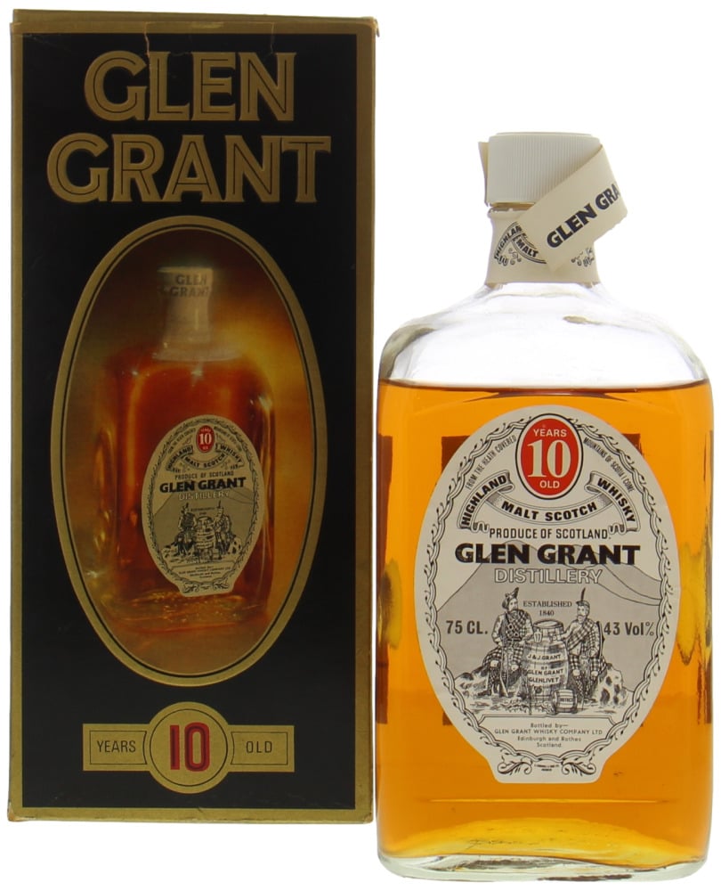 Glen Grant - 10 Years Old square bottle, short neck, white screw cap Late 70's 43% NV Box slightly damaged, Capsule wrap is open, bottle is closed