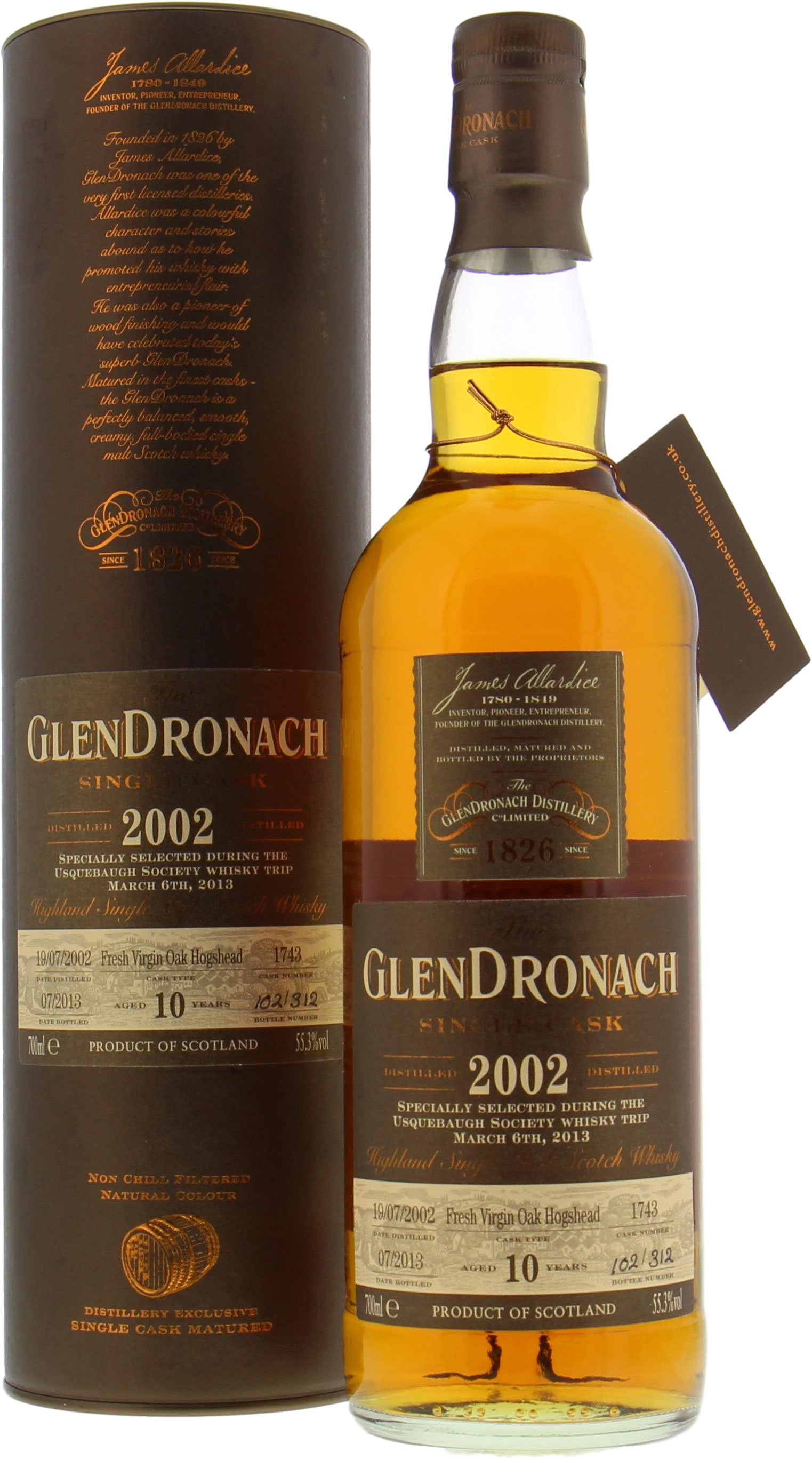 Glendronach - 10 Years Old Cask 1743 Bottled For Usquebaugh Society 55.3% 2002 In Original Container