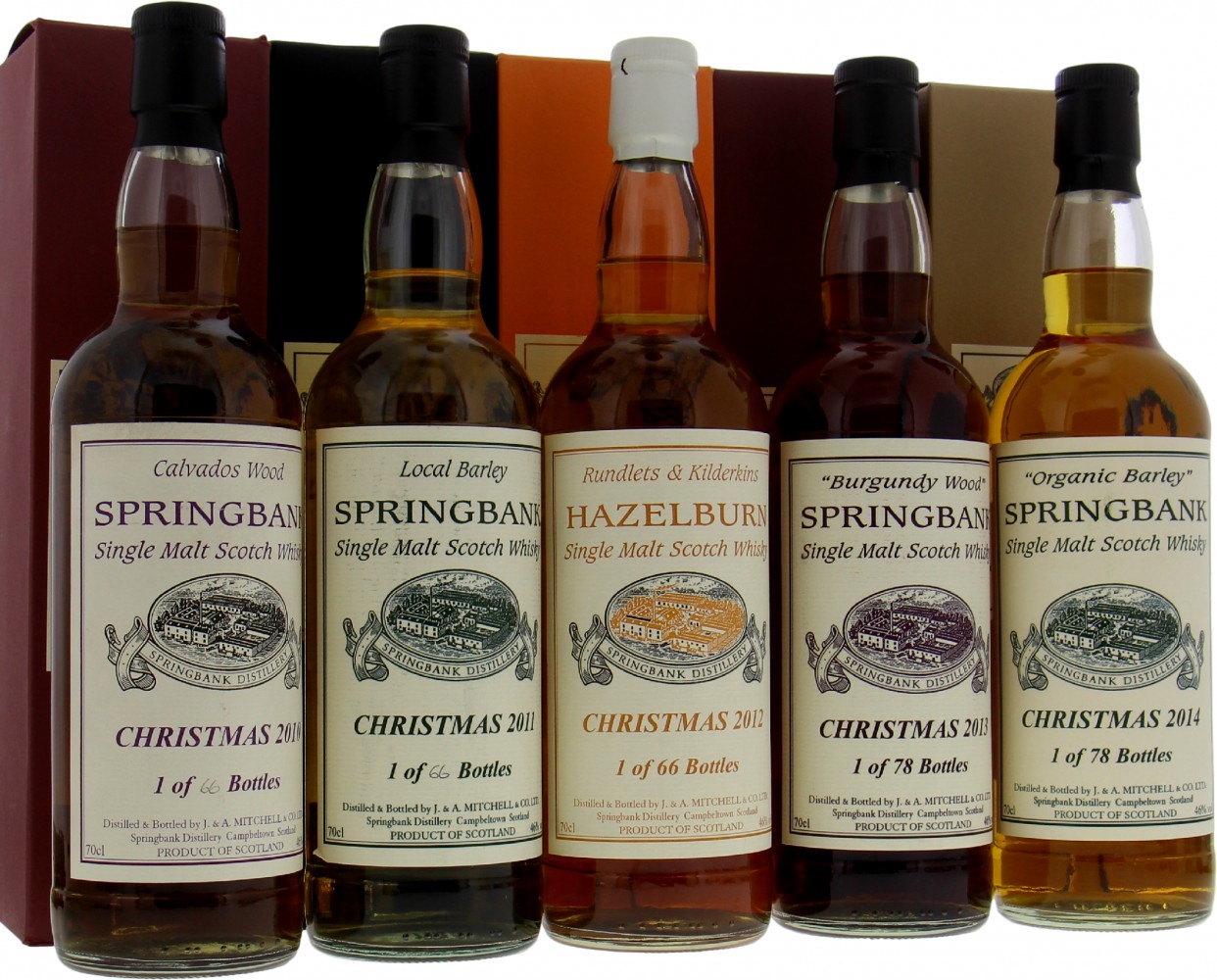 Springbank - Christmas Set of 5 bottles Editions:2010, 2011, 2012, 2013 & 2014 NV In Original Container