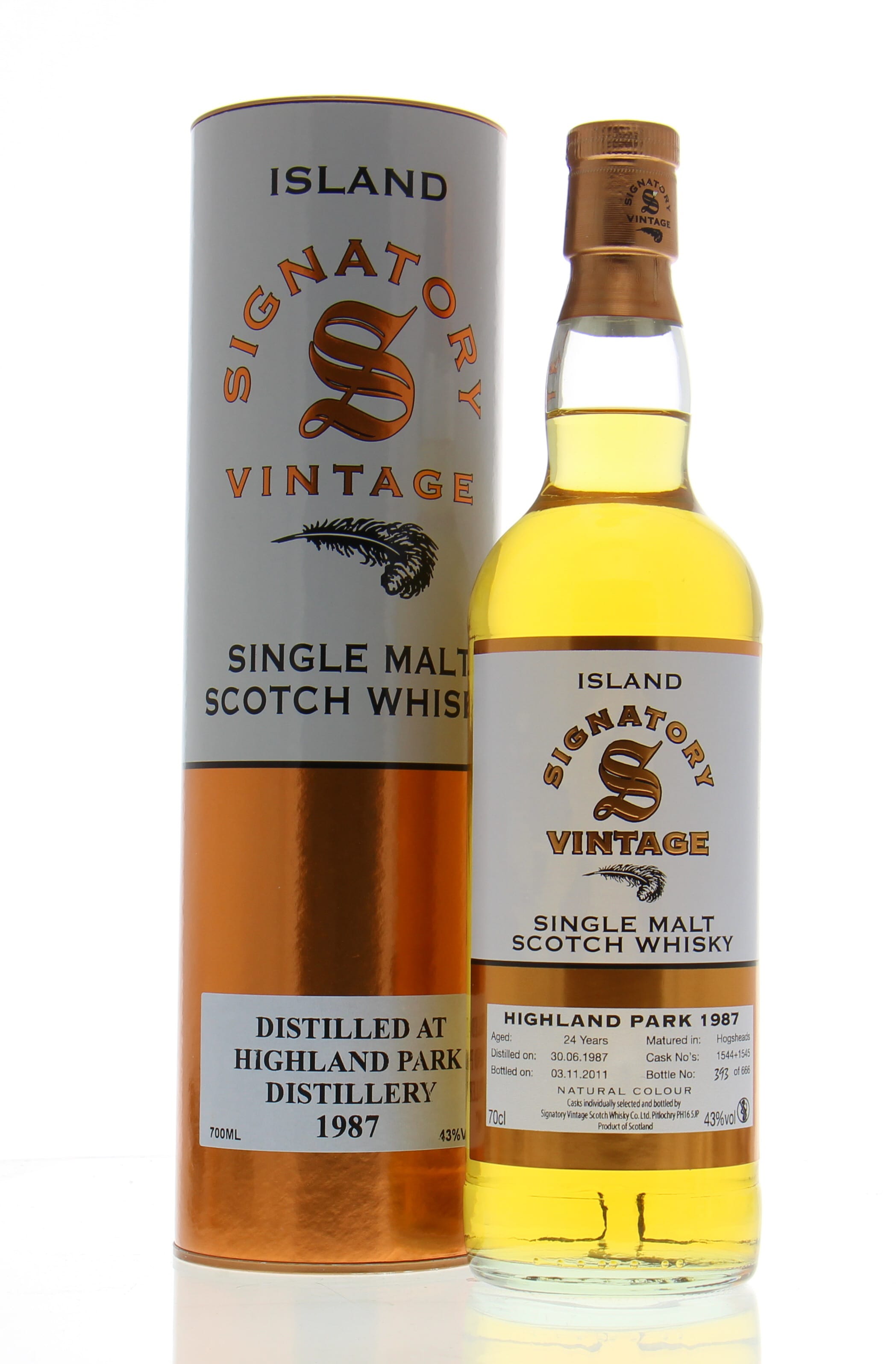 Highland Park - 24 Years Old Signatory Vintage Cask:1544 + 45 1 Of 666 Bottles 43% 1987 In Original Container