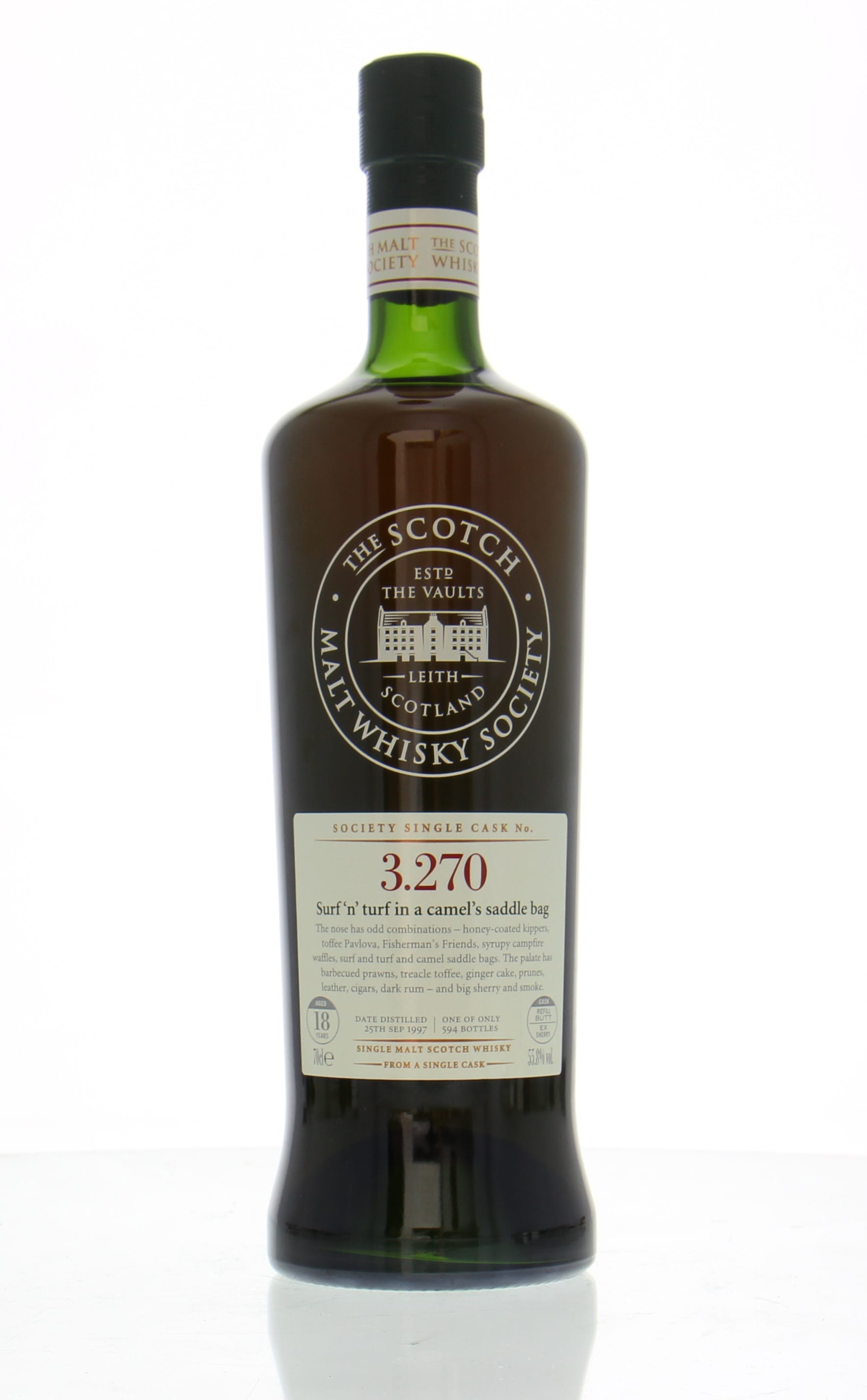 Bowmore - 18 Years Old SMWS 3.270 Surf ‘n' turf in a camel’s saddle bag 55.8% 1997 Perfect