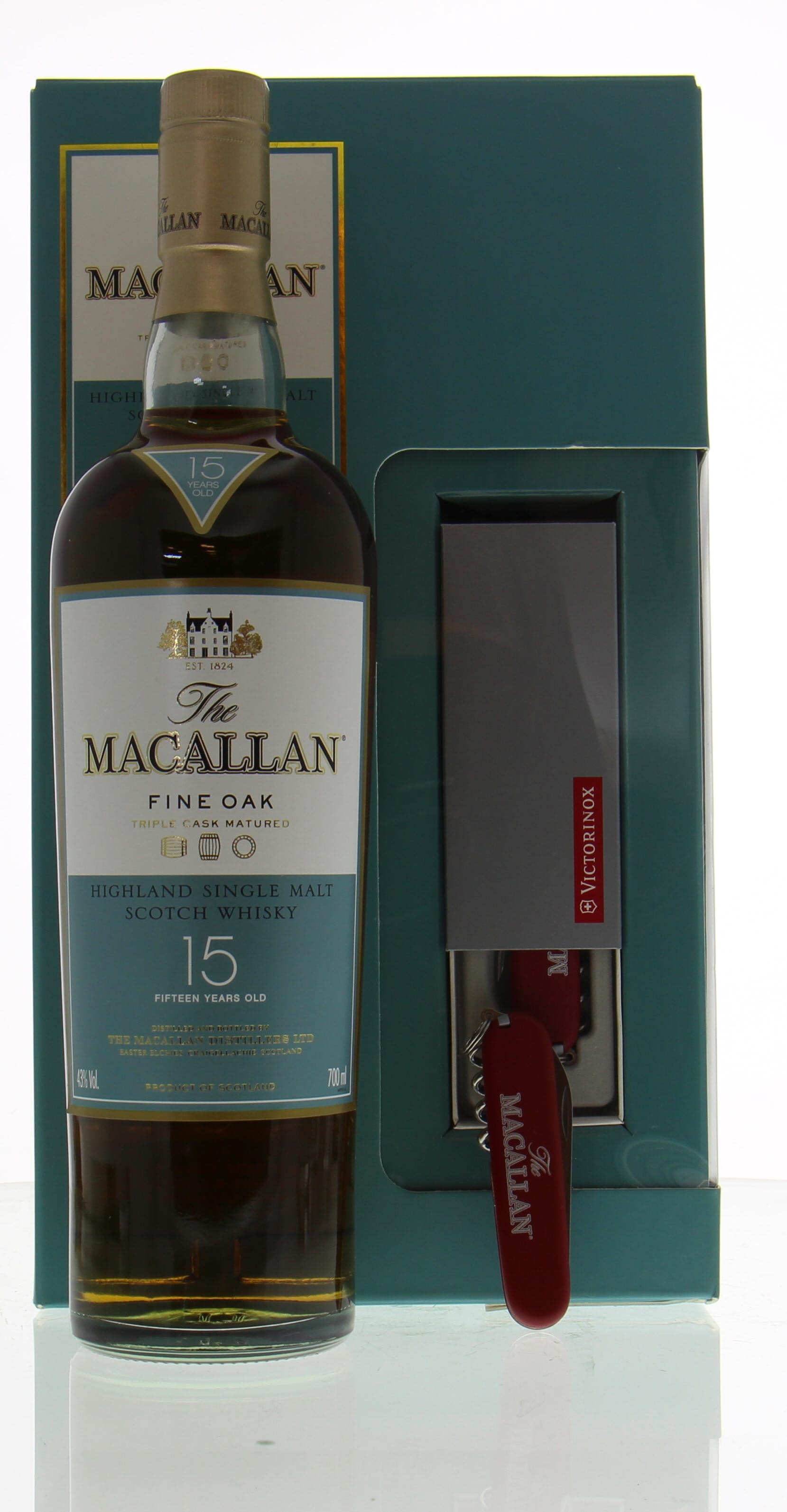 Macallan - 15 Years Old Fine Oak 3 Barrrel Label with Victoriknox knife 43% NV In Original Container