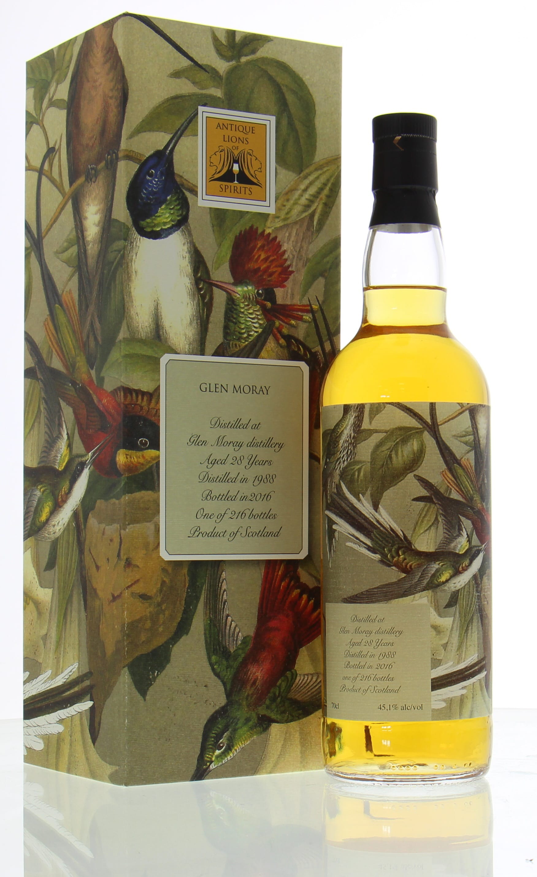 Glen Moray - 28 years Old Antique Lions of Spirits The Birds 45.1% 1988 In Original Container