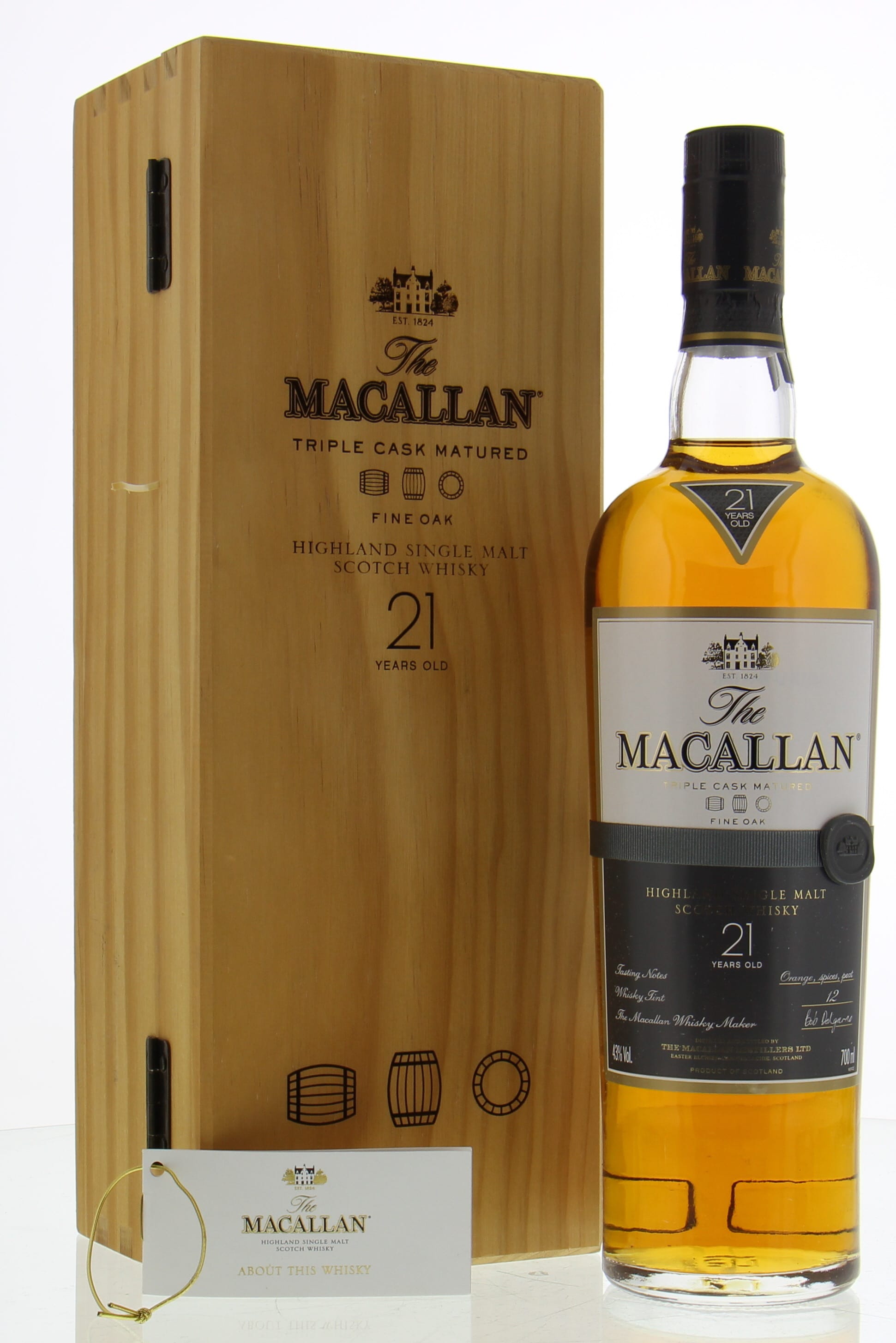 Macallan - 21 Years Old fine Oak 3 Barrel Label with Ribbon 43% NV In Original Wooden Case