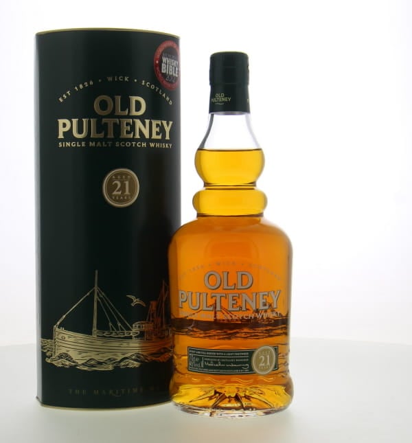 Old Pulteney - 21 Years Old glass print label with age statement in circle 46% NV