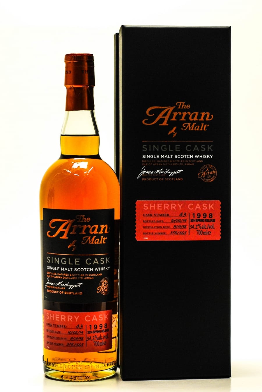 Arran - Arran Premium sherry Cask 43 Distiled: 19.01.1998 Bottled: 10.02.2014 1 Of 565 Bottles  54.2% 1998 Perfect