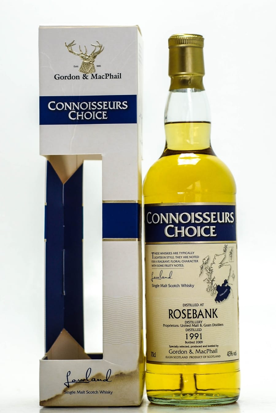 Rosebank - Rosebank 17 Years Old Gordon & MacPhail Connoisseurs Choice Distilled 07.1991 Bottled  03.2009 43% Refill Sherry and American Oak Bourbon Casks, New Map Label 1991 Box bin stained