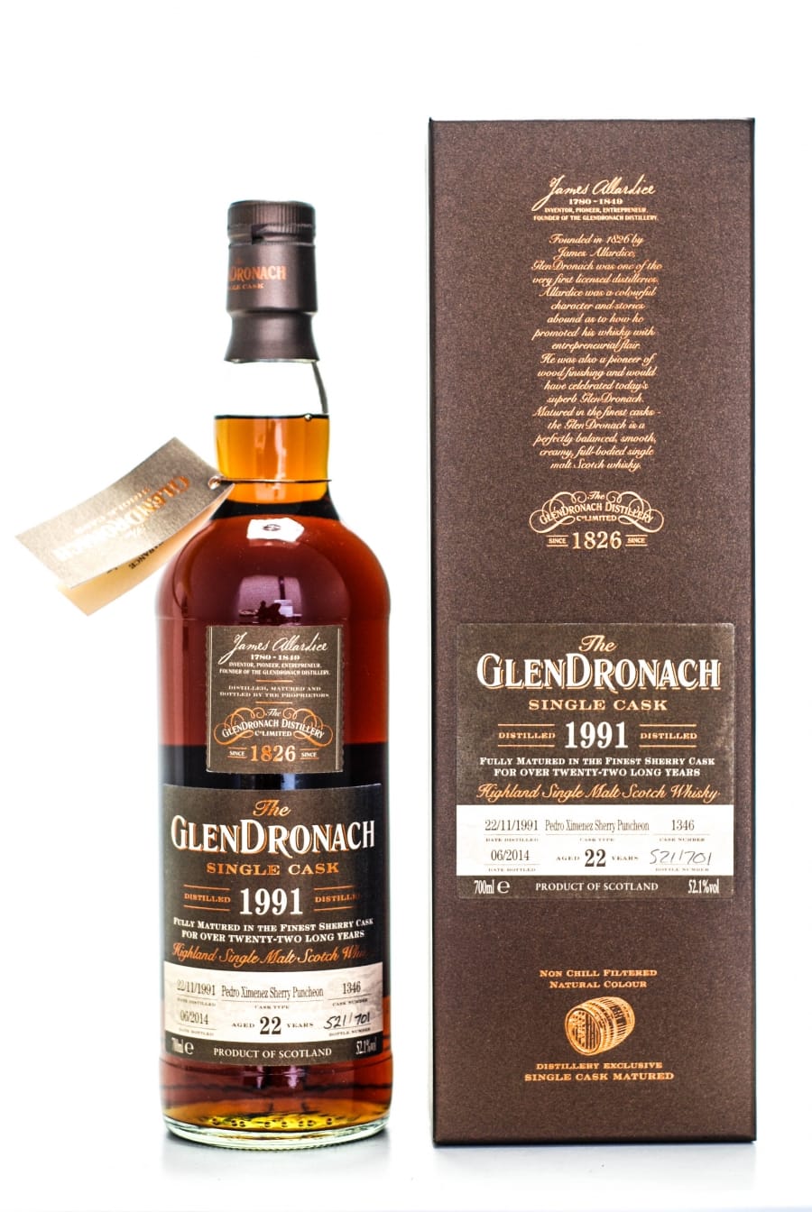 Glendronach - GlenDronach Pedro Ximénez Sherry Puncheon 22 Years Old Batch 10 Cask 1346 Distilled: 22.11.1991 Bottled 06.2014 52.1% 1991 Perfect