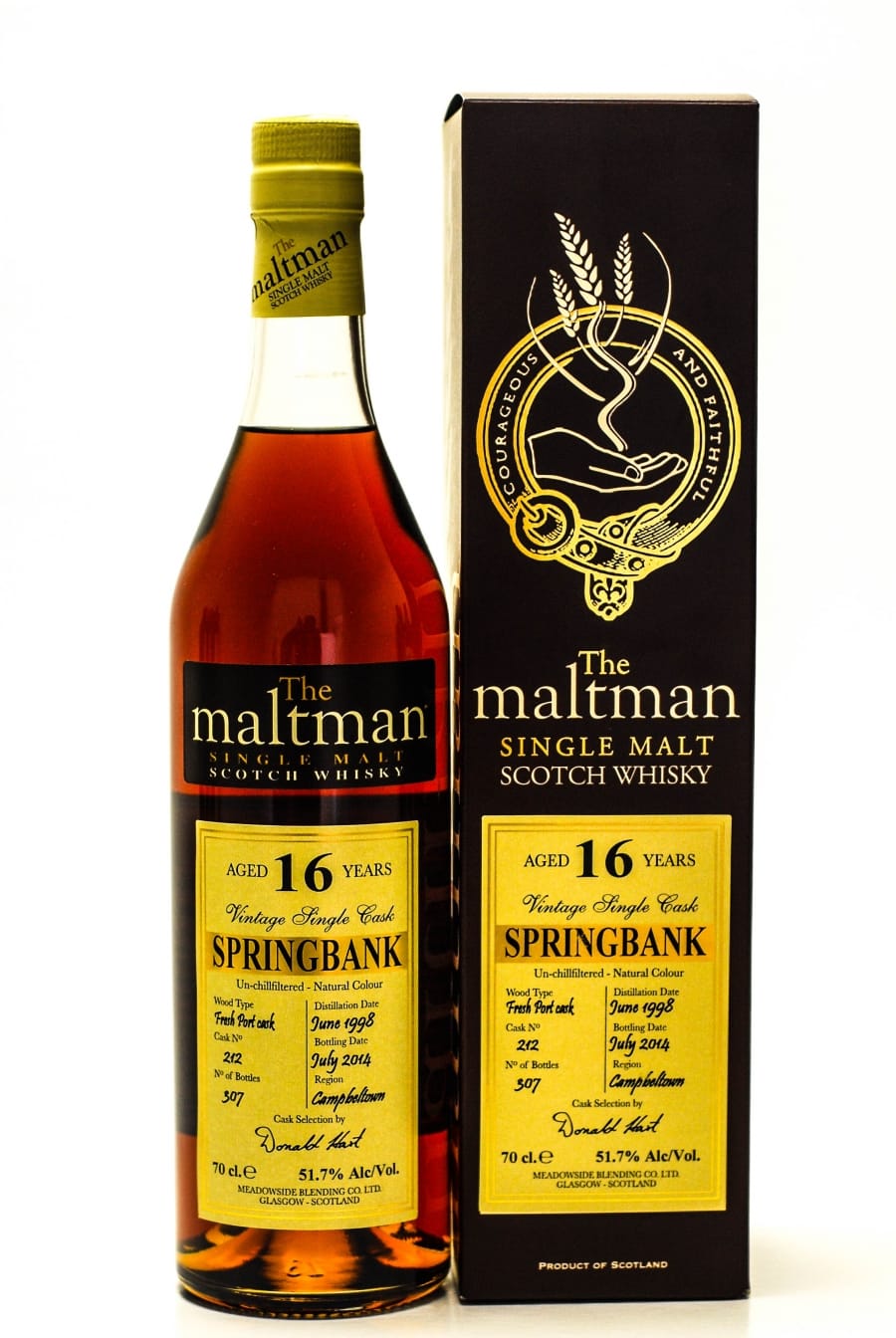 Springbank - Springbank 16 years Old The Maltman Cask: 212 Distilled: 06.1998 Bottled: 07.2014 1 Of 212 Bottles 51.7% 1998 In Original Container