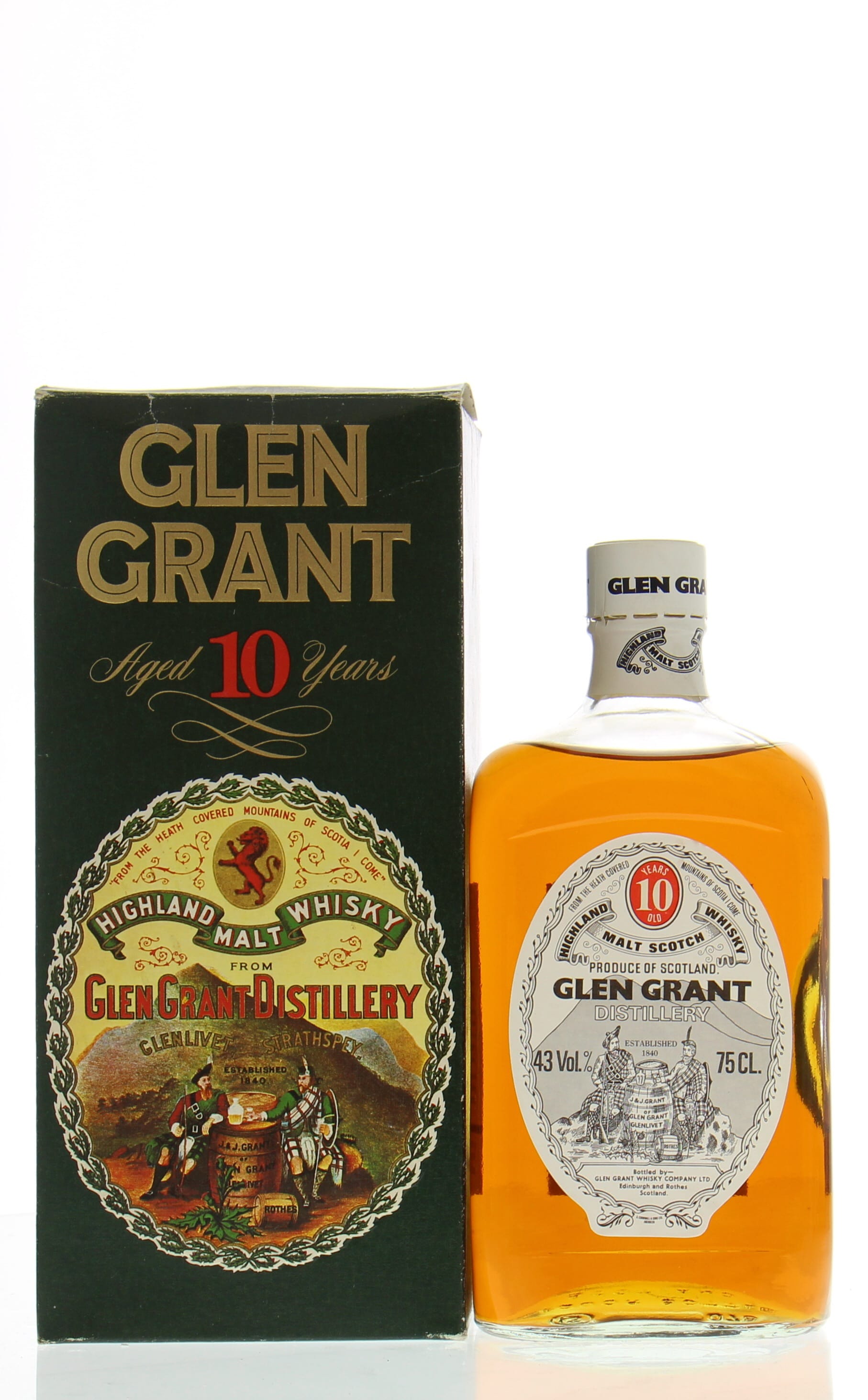 Glen Grant - 10 Years Old square bottle, short neck, white screw cap Late 70's 43% NV In Original Container