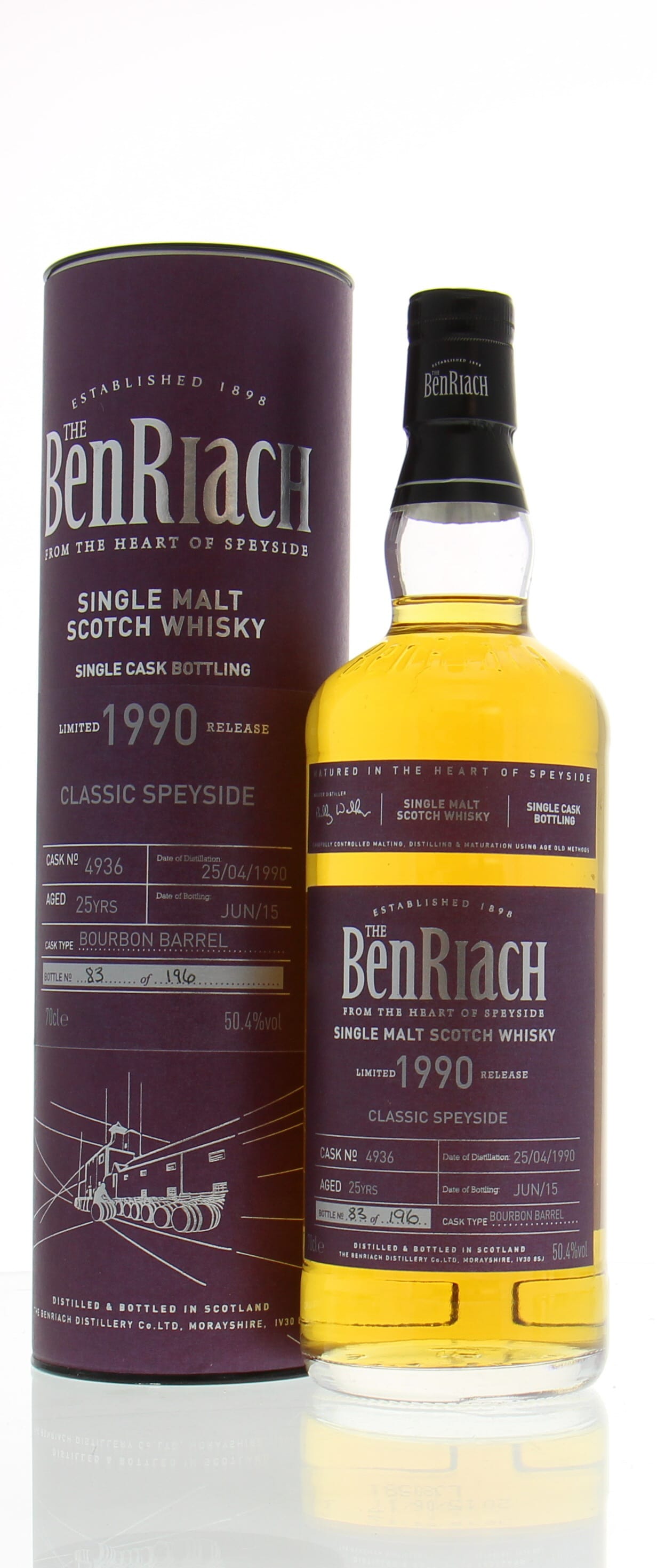 Benriach - 25 Years Old Batch #12 Bourbon Cask:4936 1 Of 196 Bottles 50.4% 1990 In Original Container