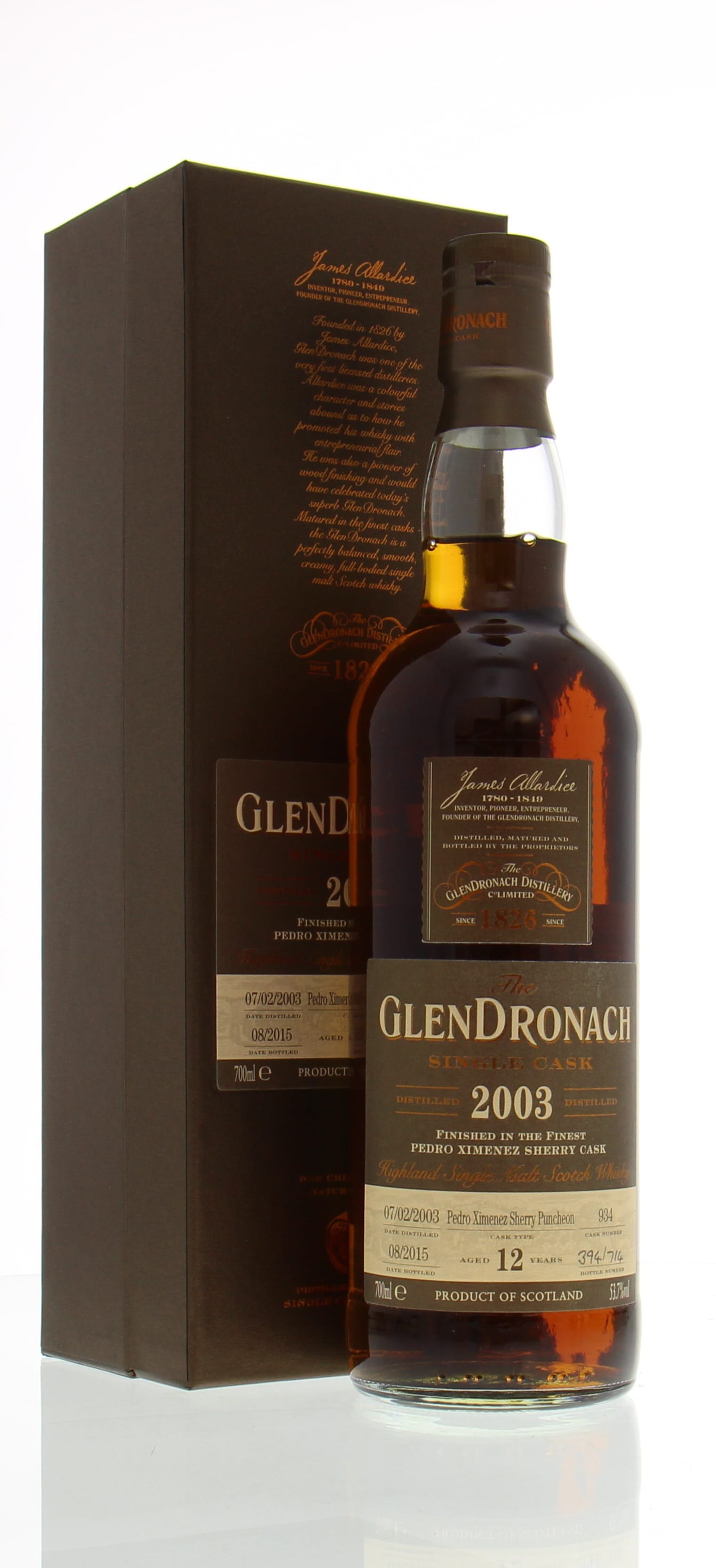 Glendronach - 12 Years Old Batch 12 Pedro Ximénez Sherry Puncheon Cask:934 1 of 714 Bottles 53.7% 2003